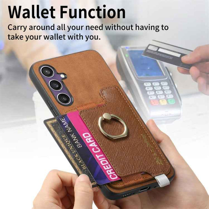 For Samsung Galaxy S24 FE 5G Retro Cross Leather Ring Horizontal Insert Card Bag MagSafe Phone Case(Brown)