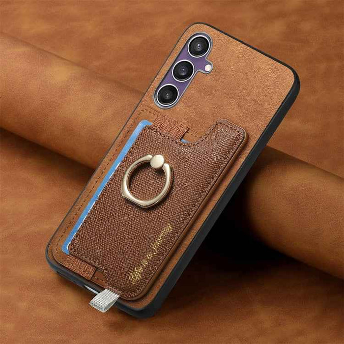 For Samsung Galaxy S24 FE 5G Retro Cross Leather Ring Horizontal Insert Card Bag MagSafe Phone Case(Brown)