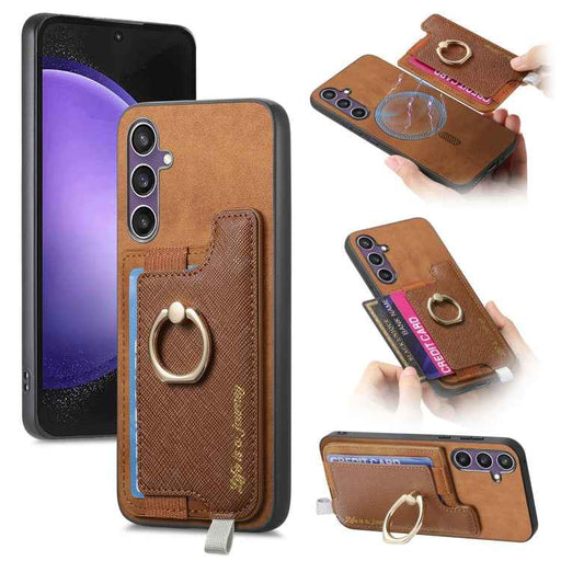 For Samsung Galaxy S24 FE 5G Retro Cross Leather Ring Horizontal Insert Card Bag MagSafe Phone Case(Brown)