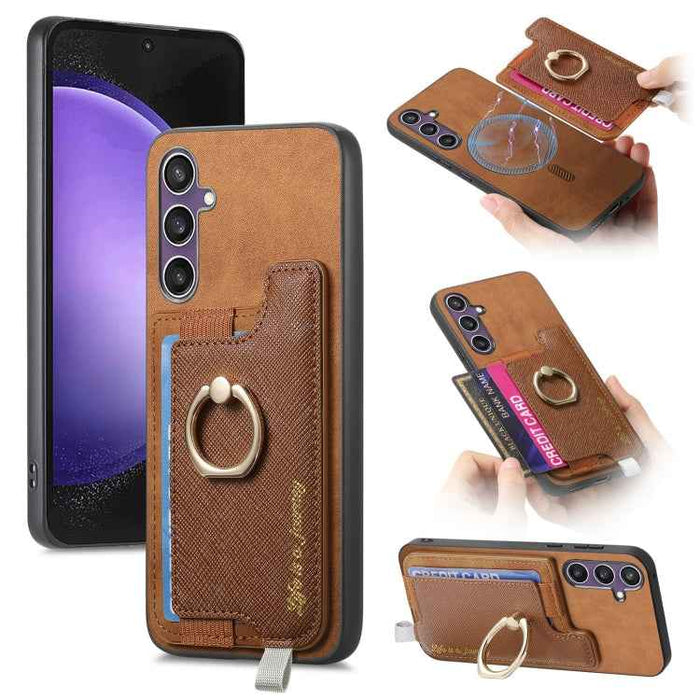 For Samsung Galaxy S24 FE 5G Retro Cross Leather Ring Horizontal Insert Card Bag MagSafe Phone Case(Brown)