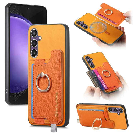 For Samsung Galaxy S24 FE 5G Retro Cross Leather Ring Horizontal Insert Card Bag MagSafe Phone Case(Yellow)