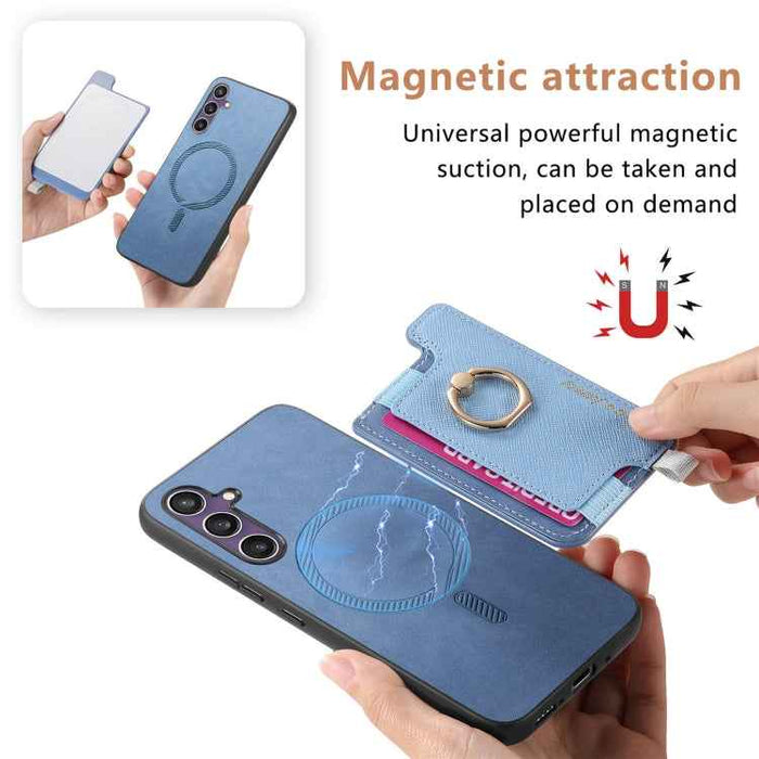 For Samsung Galaxy S24 FE 5G Retro Cross Leather Ring Horizontal Insert Card Bag MagSafe Phone Case(Blue)