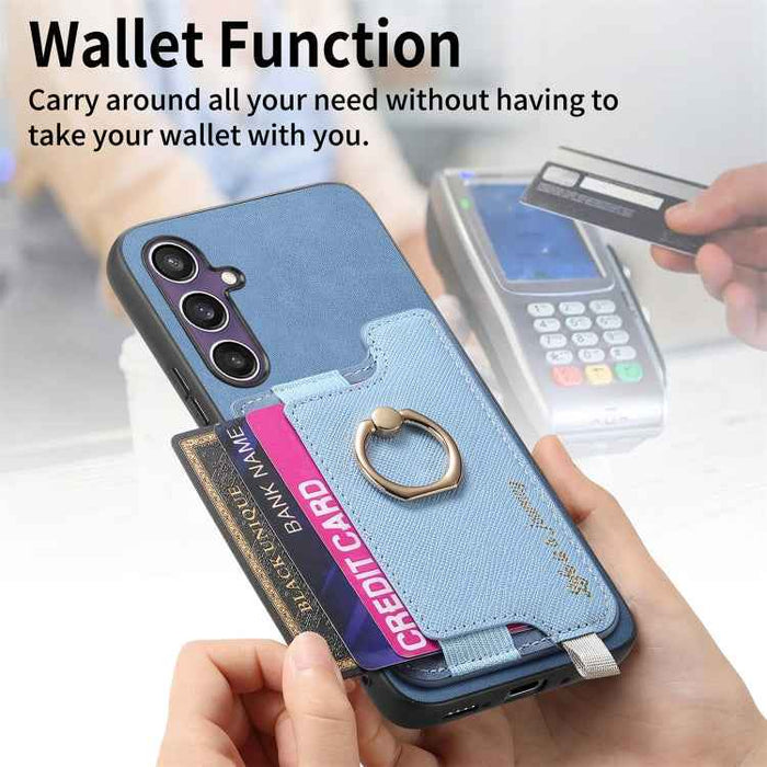 For Samsung Galaxy S24 FE 5G Retro Cross Leather Ring Horizontal Insert Card Bag MagSafe Phone Case(Blue)