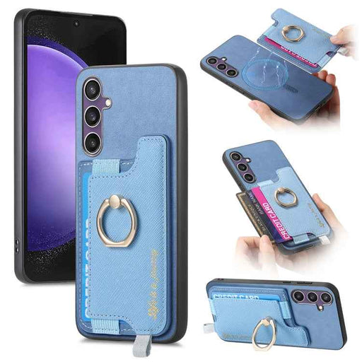 For Samsung Galaxy S24 FE 5G Retro Cross Leather Ring Horizontal Insert Card Bag MagSafe Phone Case(Blue)
