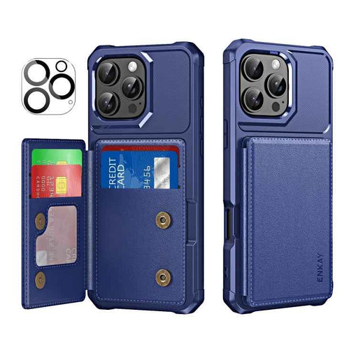 For iPhone 16 Pro ENKAY Hat-Prince Card Slot Wallet TPU Back Leather Phone Case with Lens Film(Dark Blue)