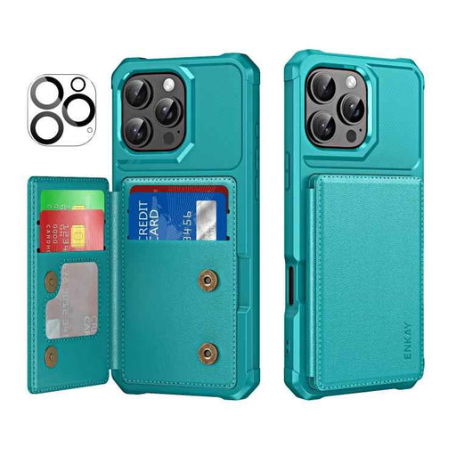 For iPhone 16 Pro ENKAY Hat-Prince Card Slot Wallet TPU Back Leather Phone Case with Lens Film(Cyan)