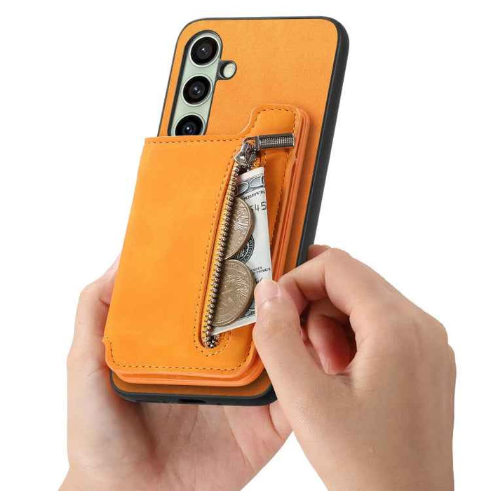 For Samsung Galaxy S24 FE 5G Retro MagSafe Zipper Wallet Card Bag Back Phone Case(Yellow)