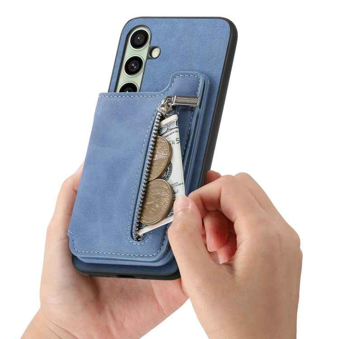 For Samsung Galaxy S24 FE 5G Retro MagSafe Zipper Wallet Card Bag Back Phone Case(Blue)