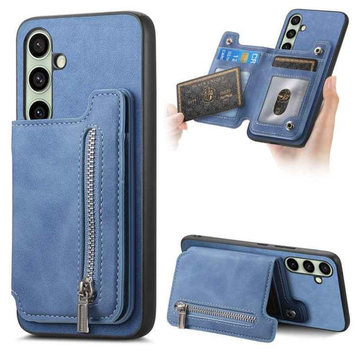 For Samsung Galaxy S24 FE 5G Retro MagSafe Zipper Wallet Card Bag Back Phone Case(Blue)