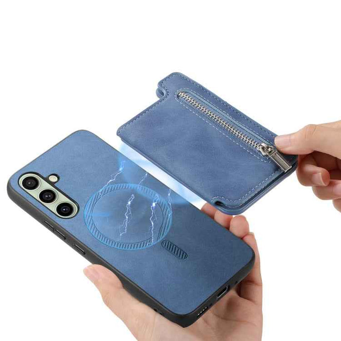 For Samsung Galaxy S24 FE 5G Retro MagSafe Zipper Wallet Card Bag Back Phone Case(Blue)