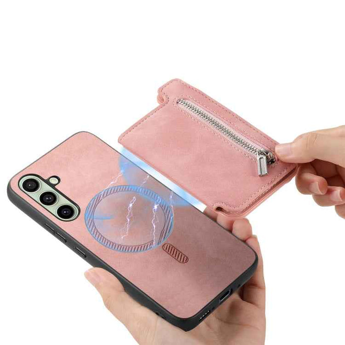 For Samsung Galaxy S24 FE 5G Retro MagSafe Zipper Wallet Card Bag Back Phone Case(Pink)