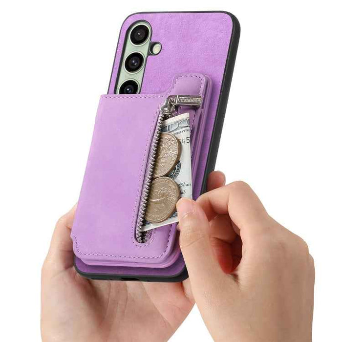 For Samsung Galaxy S24 FE 5G Retro MagSafe Zipper Wallet Card Bag Back Phone Case(Purple)