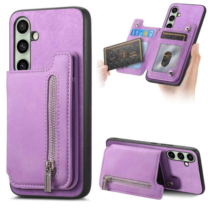 For Samsung Galaxy S24 FE 5G Retro MagSafe Zipper Wallet Card Bag Back Phone Case(Purple)