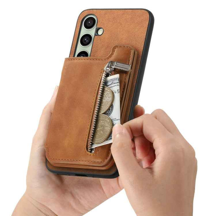 For Samsung Galaxy S24 FE 5G Retro MagSafe Zipper Wallet Card Bag Back Phone Case(Brown)