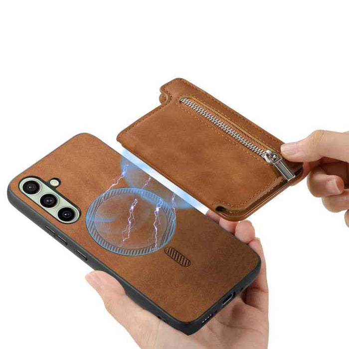 For Samsung Galaxy S24 FE 5G Retro MagSafe Zipper Wallet Card Bag Back Phone Case(Brown)