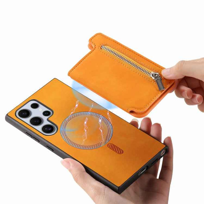 For Samsung Galaxy S24 Ultra 5G Retro MagSafe Zipper Wallet Card Bag Back Phone Case(Yellow)