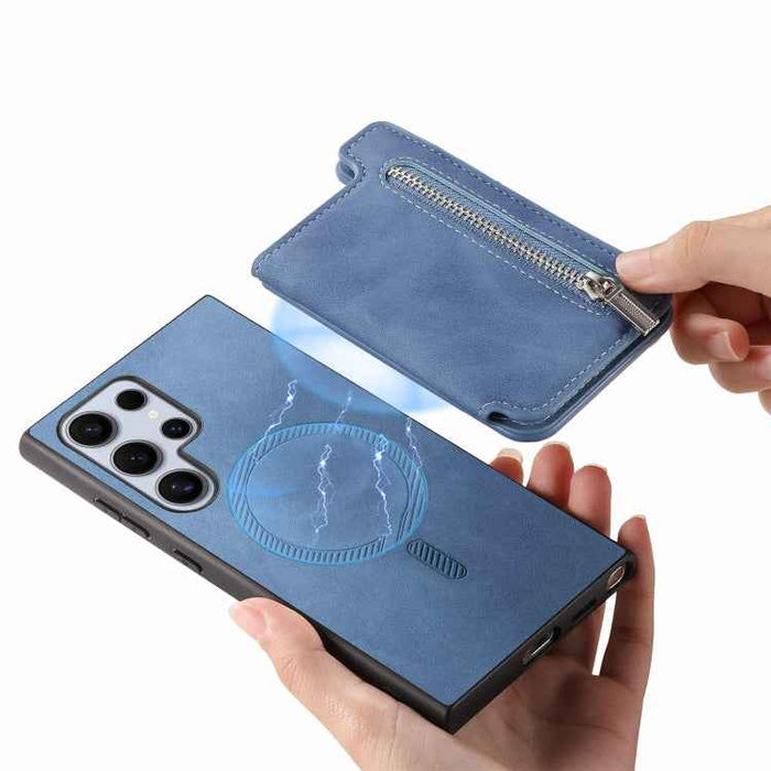 For Samsung Galaxy S24 Ultra 5G Retro MagSafe Zipper Wallet Card Bag Back Phone Case(Blue)