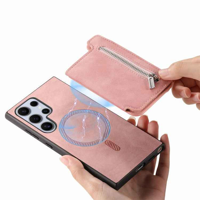 For Samsung Galaxy S24 Ultra 5G Retro MagSafe Zipper Wallet Card Bag Back Phone Case(Pink)