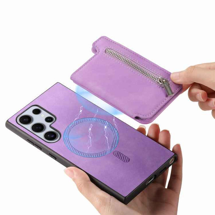 For Samsung Galaxy S24 Ultra 5G Retro MagSafe Zipper Wallet Card Bag Back Phone Case(Purple)