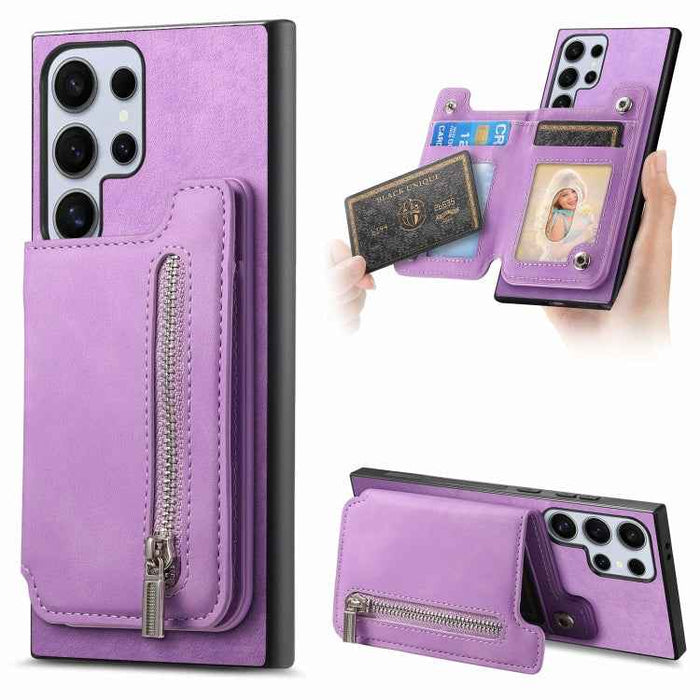 For Samsung Galaxy S24 Ultra 5G Retro MagSafe Zipper Wallet Card Bag Back Phone Case(Purple)