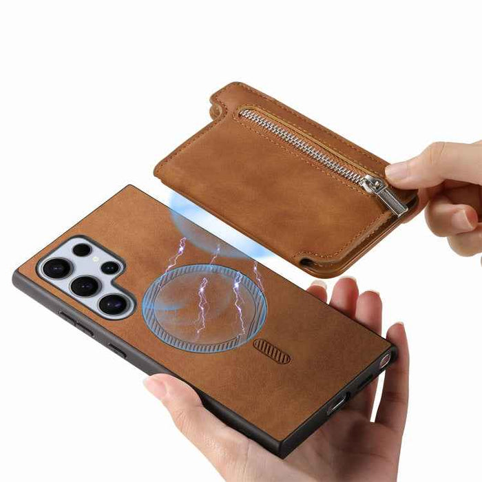 For Samsung Galaxy S24 Ultra 5G Retro MagSafe Zipper Wallet Card Bag Back Phone Case(Brown)