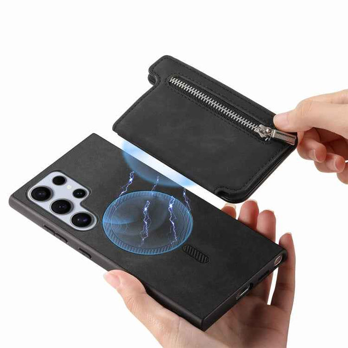 For Samsung Galaxy S24 Ultra 5G Retro MagSafe Zipper Wallet Card Bag Back Phone Case(Black)
