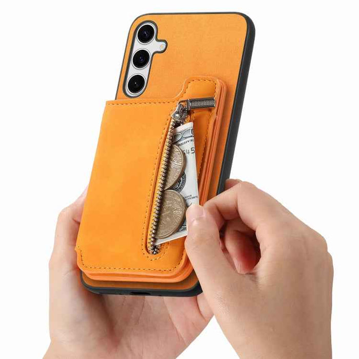 For Samsung Galaxy S24 5G Retro MagSafe Zipper Wallet Card Bag Back Phone Case(Yellow)