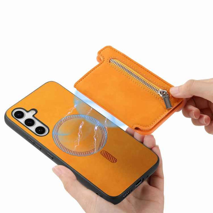 For Samsung Galaxy S24 5G Retro MagSafe Zipper Wallet Card Bag Back Phone Case(Yellow)
