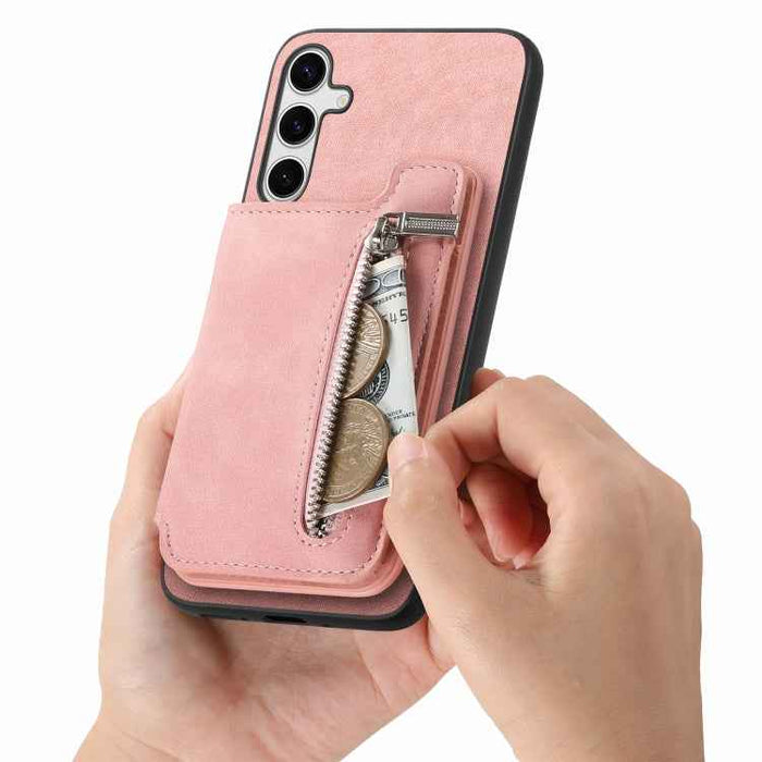 For Samsung Galaxy S24 5G Retro MagSafe Zipper Wallet Card Bag Back Phone Case(Pink)