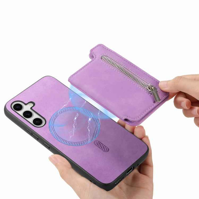For Samsung Galaxy S24 5G Retro MagSafe Zipper Wallet Card Bag Back Phone Case(Purple)