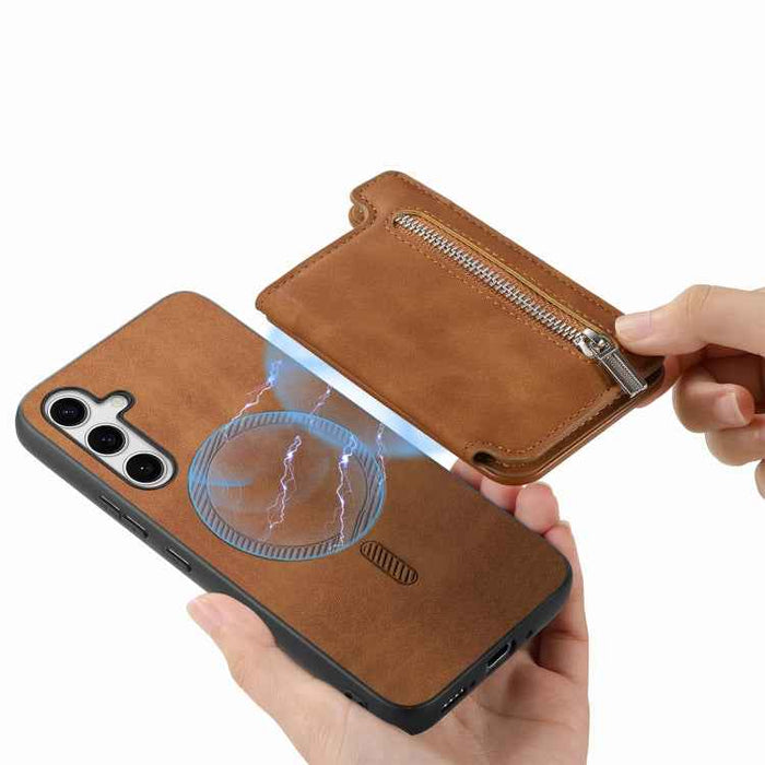 For Samsung Galaxy S24 5G Retro MagSafe Zipper Wallet Card Bag Back Phone Case(Brown)