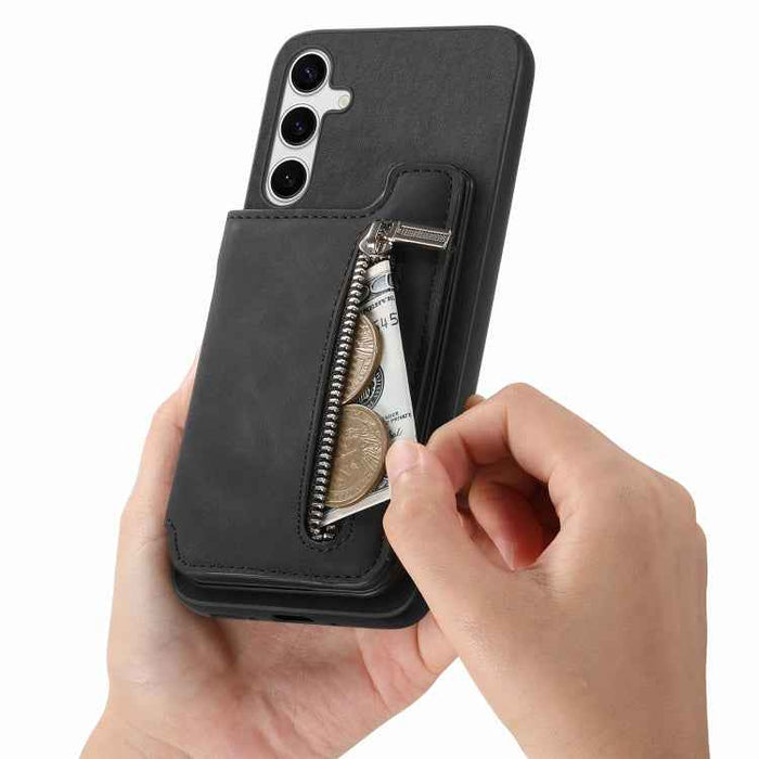 For Samsung Galaxy S24 5G Retro MagSafe Zipper Wallet Card Bag Back Phone Case(Black)