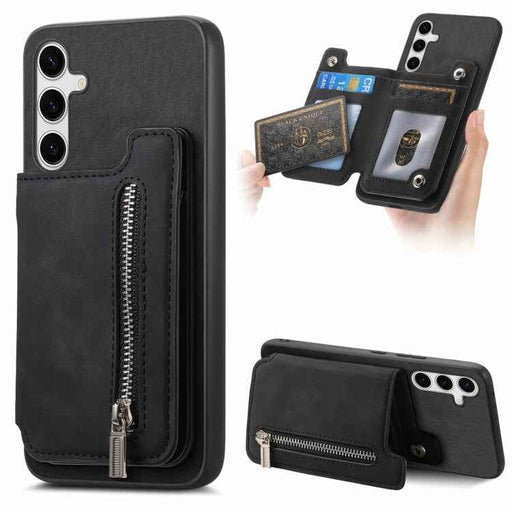 For Samsung Galaxy S24 5G Retro MagSafe Zipper Wallet Card Bag Back Phone Case(Black)