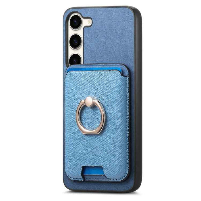 For Samsung Galaxy S24 FE 5G Retro Cross Leather Ring Vertical Insert Card Bag MagSafe Phone Case(Blue)