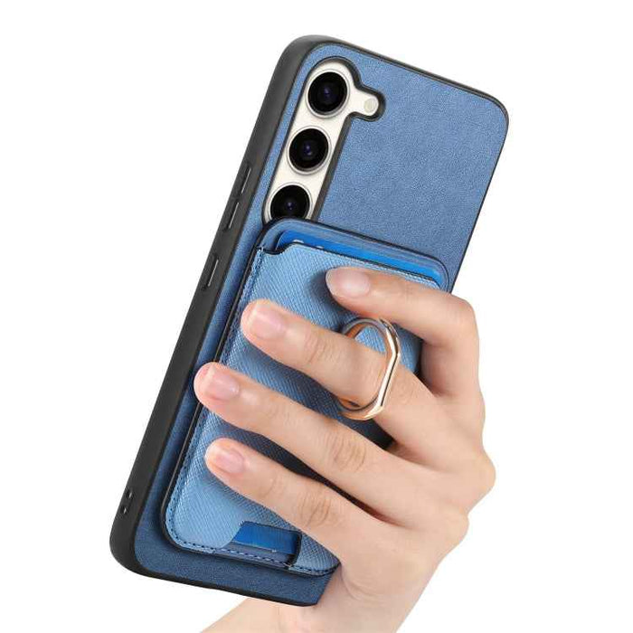 For Samsung Galaxy S24 FE 5G Retro Cross Leather Ring Vertical Insert Card Bag MagSafe Phone Case(Blue)