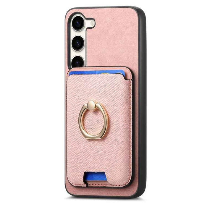 For Samsung Galaxy S24 FE 5G Retro Cross Leather Ring Vertical Insert Card Bag MagSafe Phone Case(Pink)