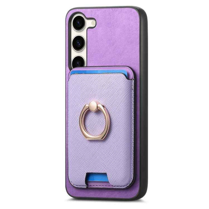 For Samsung Galaxy S24 FE 5G Retro Cross Leather Ring Vertical Insert Card Bag MagSafe Phone Case(Purple)