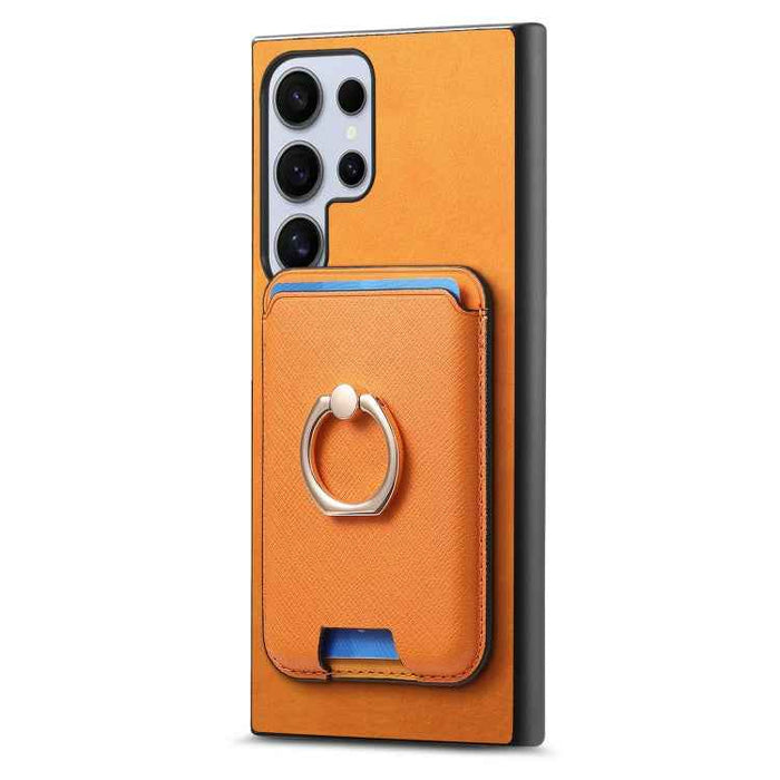 For Samsung Galaxy S24 Ultra 5G Retro Cross Leather Ring Vertical Insert Card Bag MagSafe Phone Case(Yellow)
