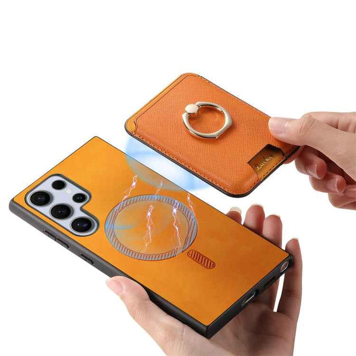 For Samsung Galaxy S24 Ultra 5G Retro Cross Leather Ring Vertical Insert Card Bag MagSafe Phone Case(Yellow)