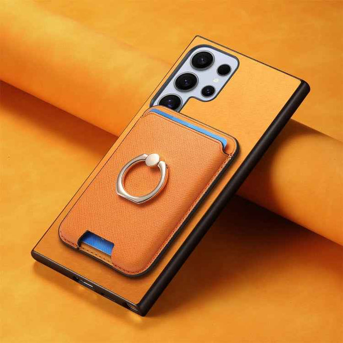 For Samsung Galaxy S24 Ultra 5G Retro Cross Leather Ring Vertical Insert Card Bag MagSafe Phone Case(Yellow)