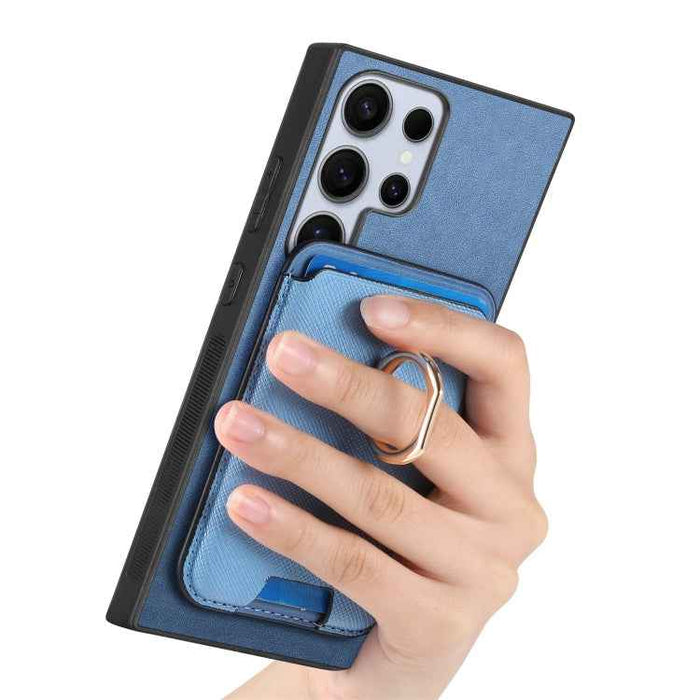 For Samsung Galaxy S24 Ultra 5G Retro Cross Leather Ring Vertical Insert Card Bag MagSafe Phone Case(Blue)