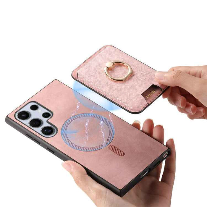 For Samsung Galaxy S24 Ultra 5G Retro Cross Leather Ring Vertical Insert Card Bag MagSafe Phone Case(Pink)