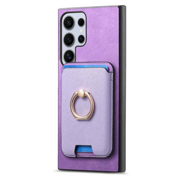 For Samsung Galaxy S24 Ultra 5G Retro Cross Leather Ring Vertical Insert Card Bag MagSafe Phone Case(Purple)