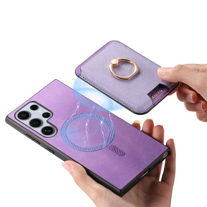 For Samsung Galaxy S24 Ultra 5G Retro Cross Leather Ring Vertical Insert Card Bag MagSafe Phone Case(Purple)