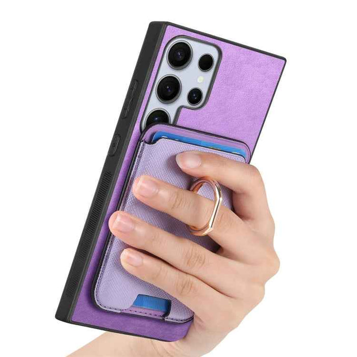 For Samsung Galaxy S24 Ultra 5G Retro Cross Leather Ring Vertical Insert Card Bag MagSafe Phone Case(Purple)