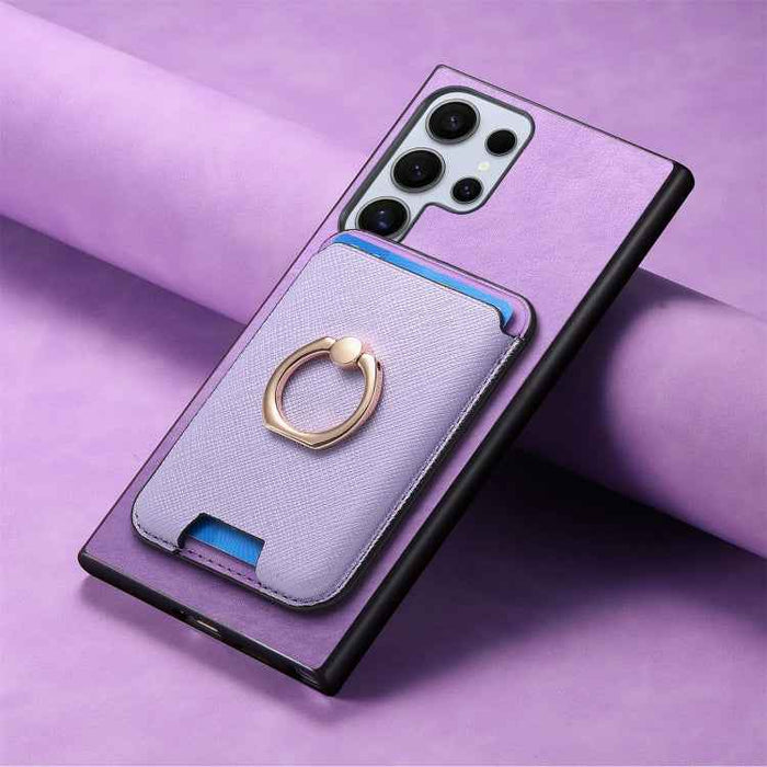 For Samsung Galaxy S24 Ultra 5G Retro Cross Leather Ring Vertical Insert Card Bag MagSafe Phone Case(Purple)
