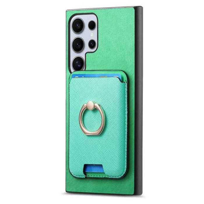 For Samsung Galaxy S24 Ultra 5G Retro Cross Leather Ring Vertical Insert Card Bag MagSafe Phone Case(Green)