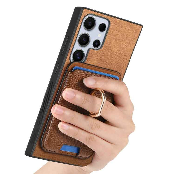 For Samsung Galaxy S24 Ultra 5G Retro Cross Leather Ring Vertical Insert Card Bag MagSafe Phone Case(Brown)