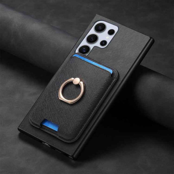 For Samsung Galaxy S24 Ultra 5G Retro Cross Leather Ring Vertical Insert Card Bag MagSafe Phone Case(Black)