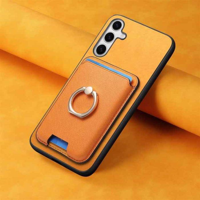 For Samsung Galaxy S24+ 5G Retro Cross Leather Ring Vertical Insert Card Bag MagSafe Phone Case(Yellow)
